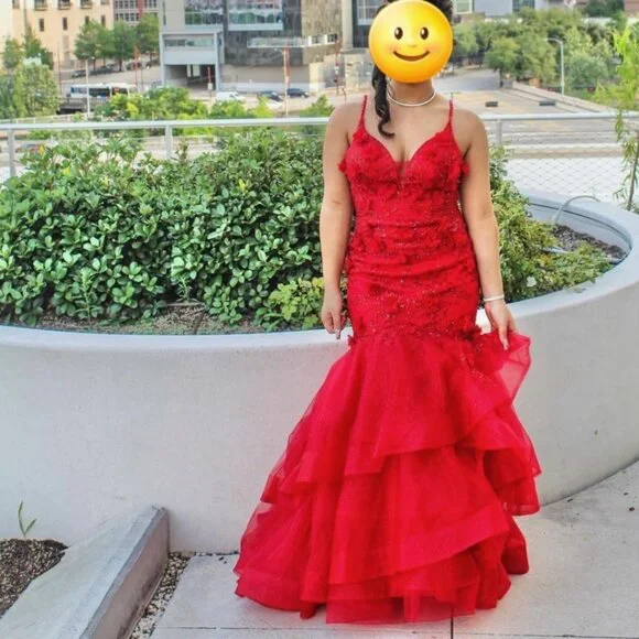 open lace back dress Red Ruffle Prom Dresses Satin Ruffle V-Neck Mermaid Dresses FD3621   Viniodress